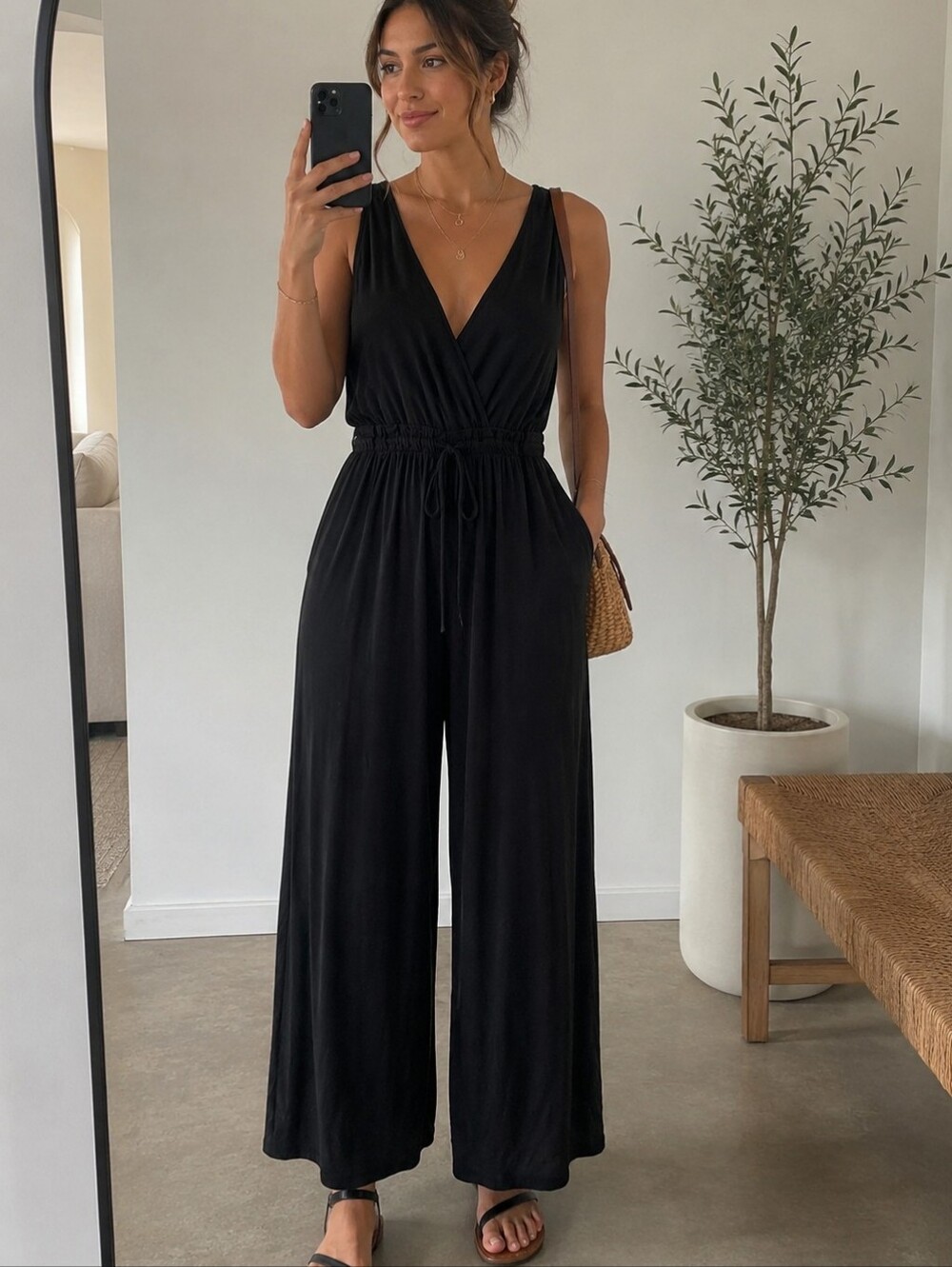 Sienna Sky Black Sleeveless V-Neck Wide-Leg Jumpsuit